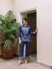 Woman Navy Cotton Flex Co-Ord Set Women Embroidered Top Pant Ethnic Casual Wear