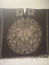 Vintage Mexican Poncho Serape Aztec Mayan Calendar Brown Fringe Pullover