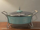 Vintage Pyrex 595 Turquoise Silver Wheat Atomic Hostess Casserole w Stand & Lid