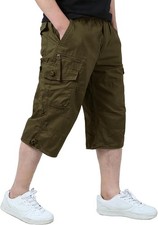 Men's Cargo Shorts 7 Pockets Twill 3/4 Capri Below Knee Elastic Waist Casual