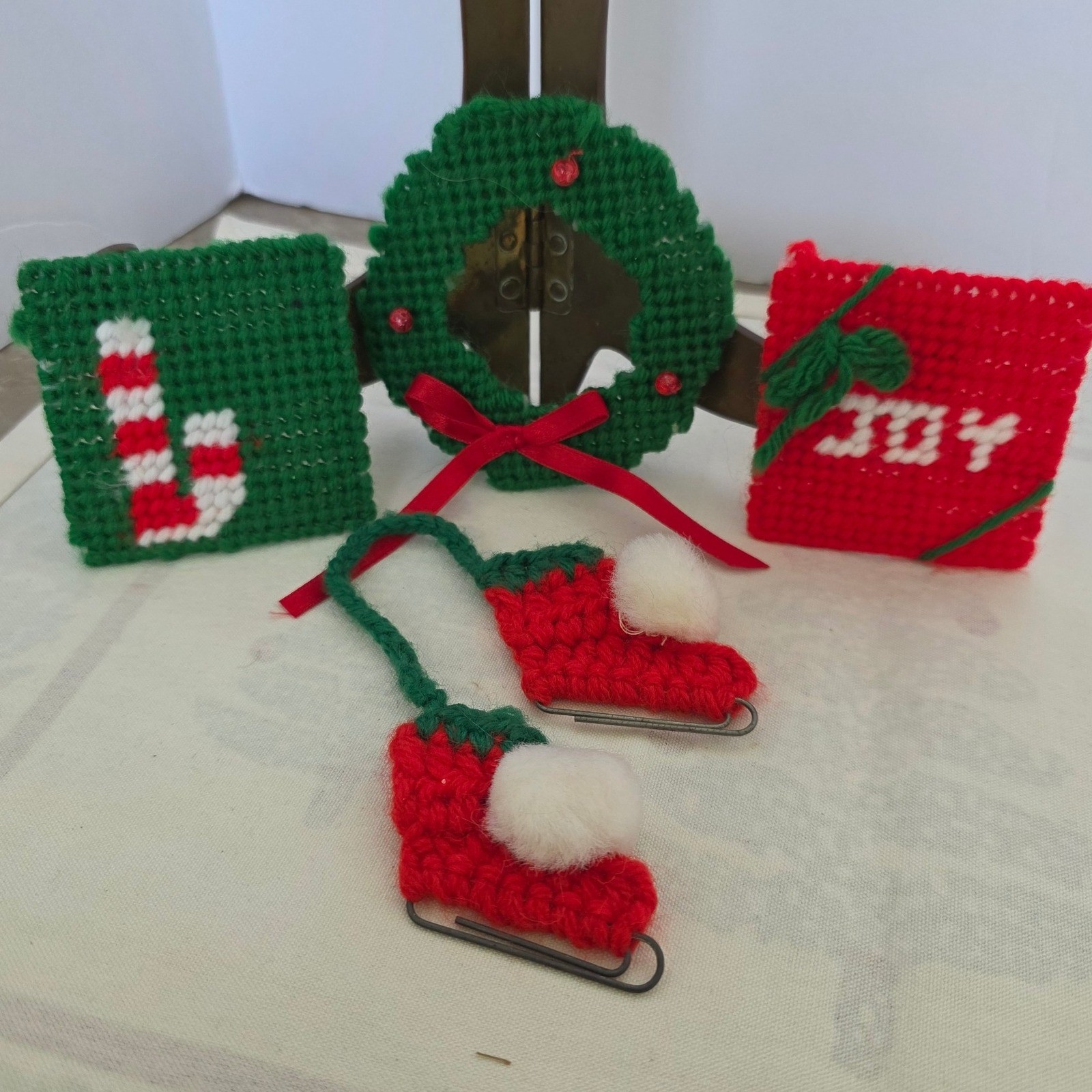 Vintage Christmas Ornaments Handmade Needlepoint Wreath Candy Cane Ice Skates