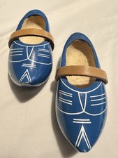 Vintage Cute Blue Clogs Leather Straps - Dutch Wooden Shoes For Decoration Only