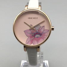 Nine West Womens Watch White Strap Gold Tone Pink Floral Dial 35mm New Battery