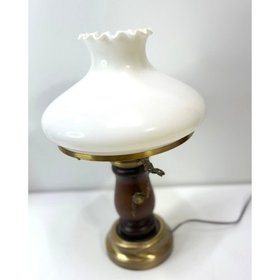 VTG Quoizel? Hurricane Table Lamp Milk Glass Ruffled Shade Wood Brass Base