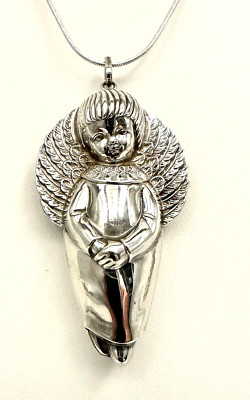 GROSSER ANHÄNGER STERLINGSILBER AUFGEBLÄHT SPITZE ENGEL 3'' SEHR SCHÖN 30'' HALSKETTE