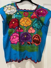 LATIN WOMEN FRIDA HANDMADE EMBROIDERED MEXICAN BLOUSE MEDIUM FLOWERS TURQUOISE