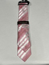 Mens St Patrick Pink White Stripe Pattern Tie With Matching Pocket Square NEW