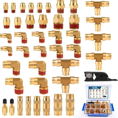 43PCS Brass DOT Air Line Fittings Kit 1/4" 3/8" 1/2" 1/8" for Truck Air System