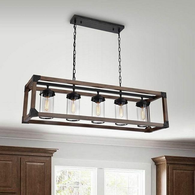 Modern Farmhouse Chandelier Rectangular Ceiling Rustic Wood Island