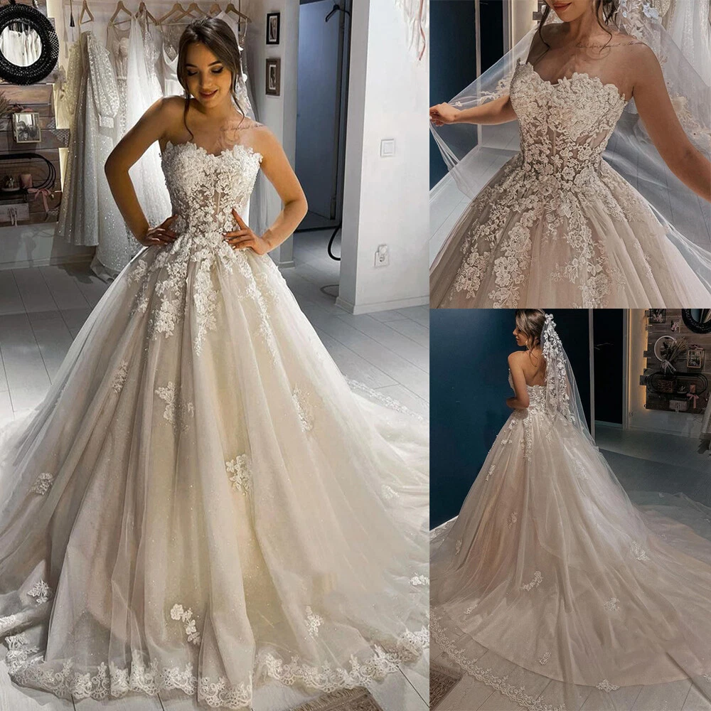 Sweetheart Wedding Dresses White Ivory Lace Appliques Court Train Bridal Gowns - Picture 1 of 12