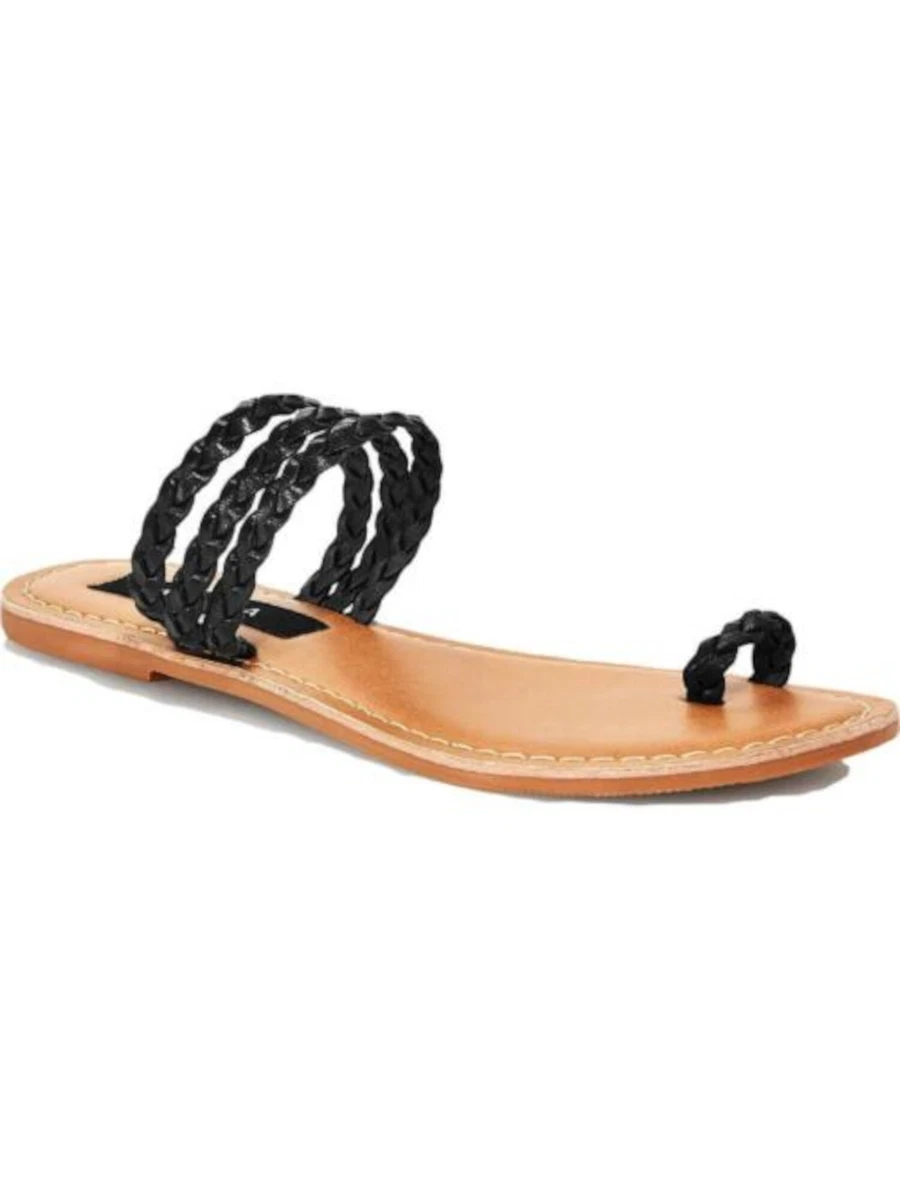 AQUA Womens Black Toe Loop Slay Open Toe Slip On Leather Slide