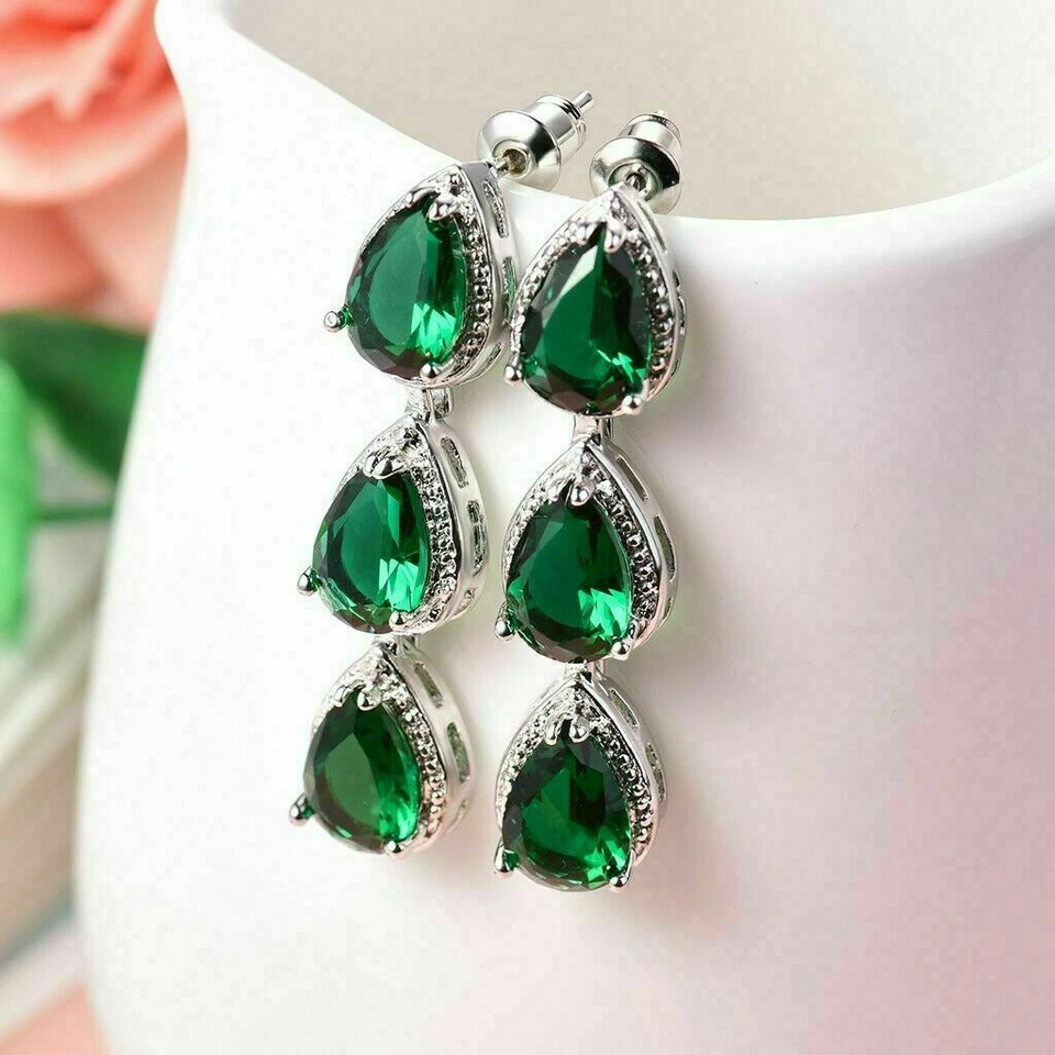 3Ct Pear Cut Emerald & VVS1 Diamond Drop Dangle Earrings 14K White Gold Finish - Image 2 of 4