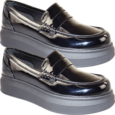 WOMENS LADIES CHUNKY SOLE PLATFORM HEEL LOAFER SCHOOL WORK SHOES SIZE  COMFORT UK