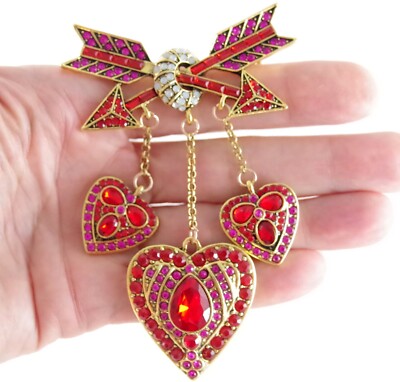 4'' NWOT DESIGNER STYLE RHINESTONE CUPID'S ARROW VALENTINE HEART DANGLE BROOCH