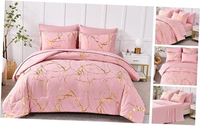 Gold Metallic Marble Comforter Set Size,7 Piece Bed in a Bag,Foil Queen Pink