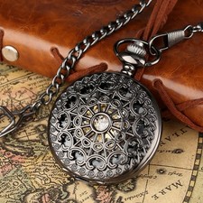 Men's Mechanical Pocket Watch Black Retro Steampunk Skeleton with Chain Luxury