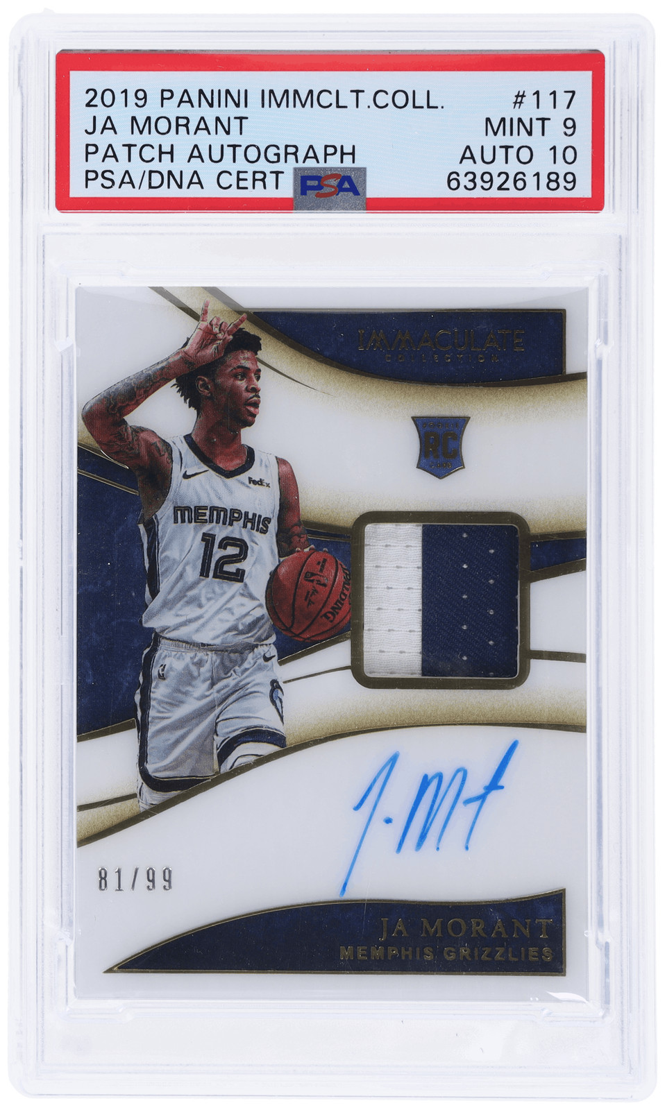 2019 Immaculate Ja Morant Patch Auto #117 /99 PSA 9/10 Rookie RC