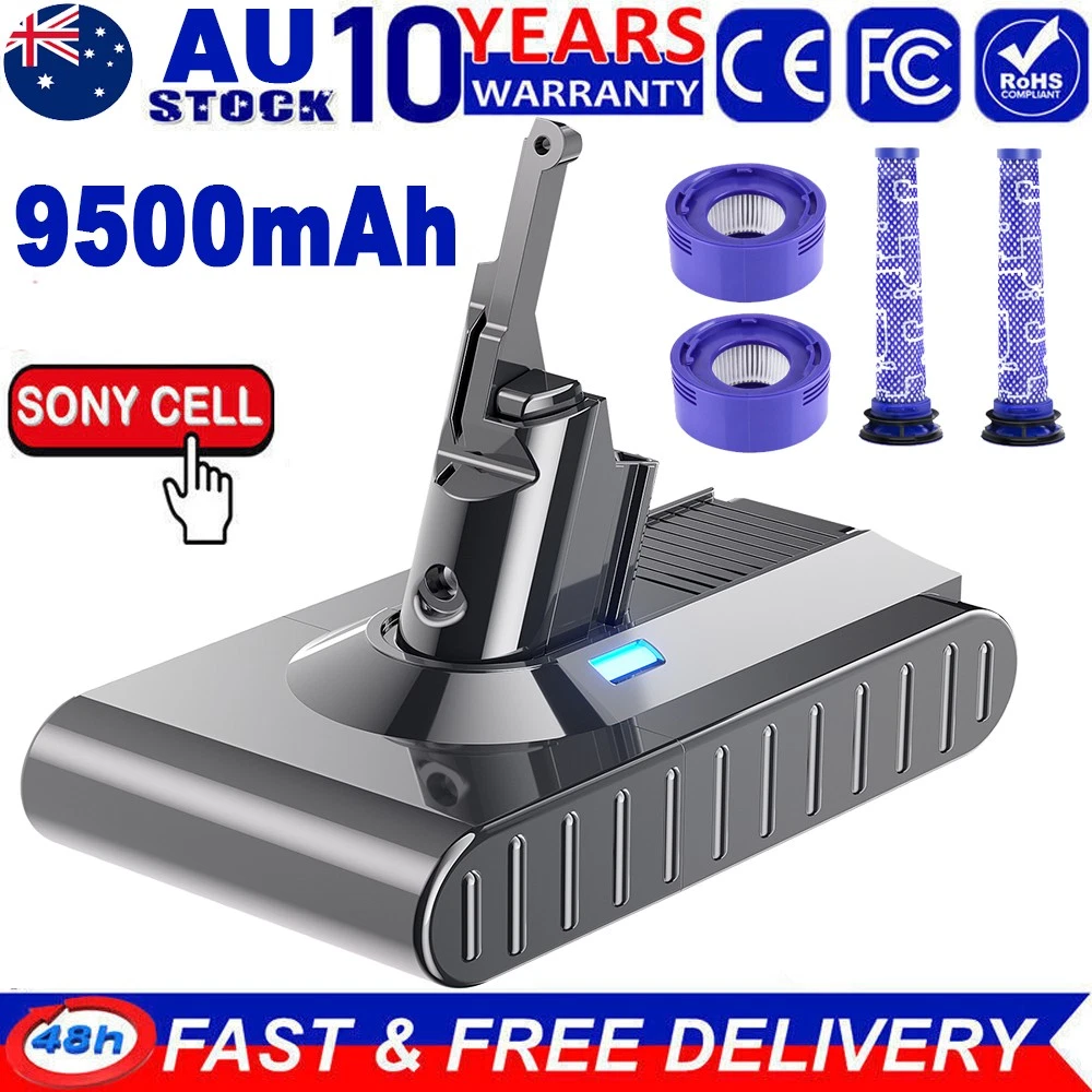 9500mAh Battery and Filter for Dyson V8 Absolute Animal Motorhead Cord-Free SV10