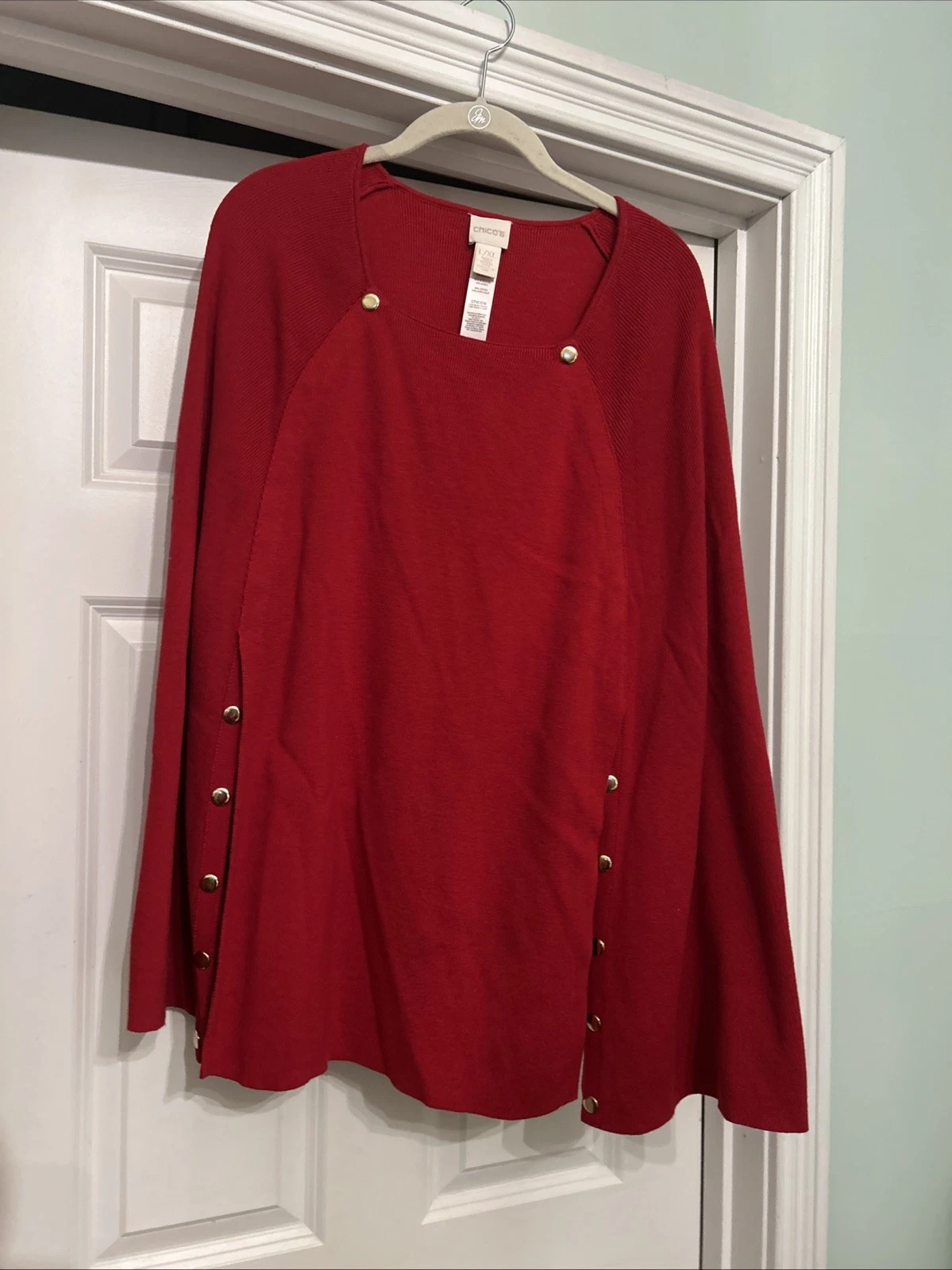Chicos Poncho Cape Carmine Red Sweater L/XL Euro Vacation Boho Coastal
