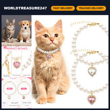 Cute Cat Dog Collars 2pcs Adjustable Pearl Necklace with Heart Rhinestones