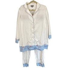 Julianna Rae Womens L Blue & White Floral Embroidered Cotton Pajama Sleep Set
