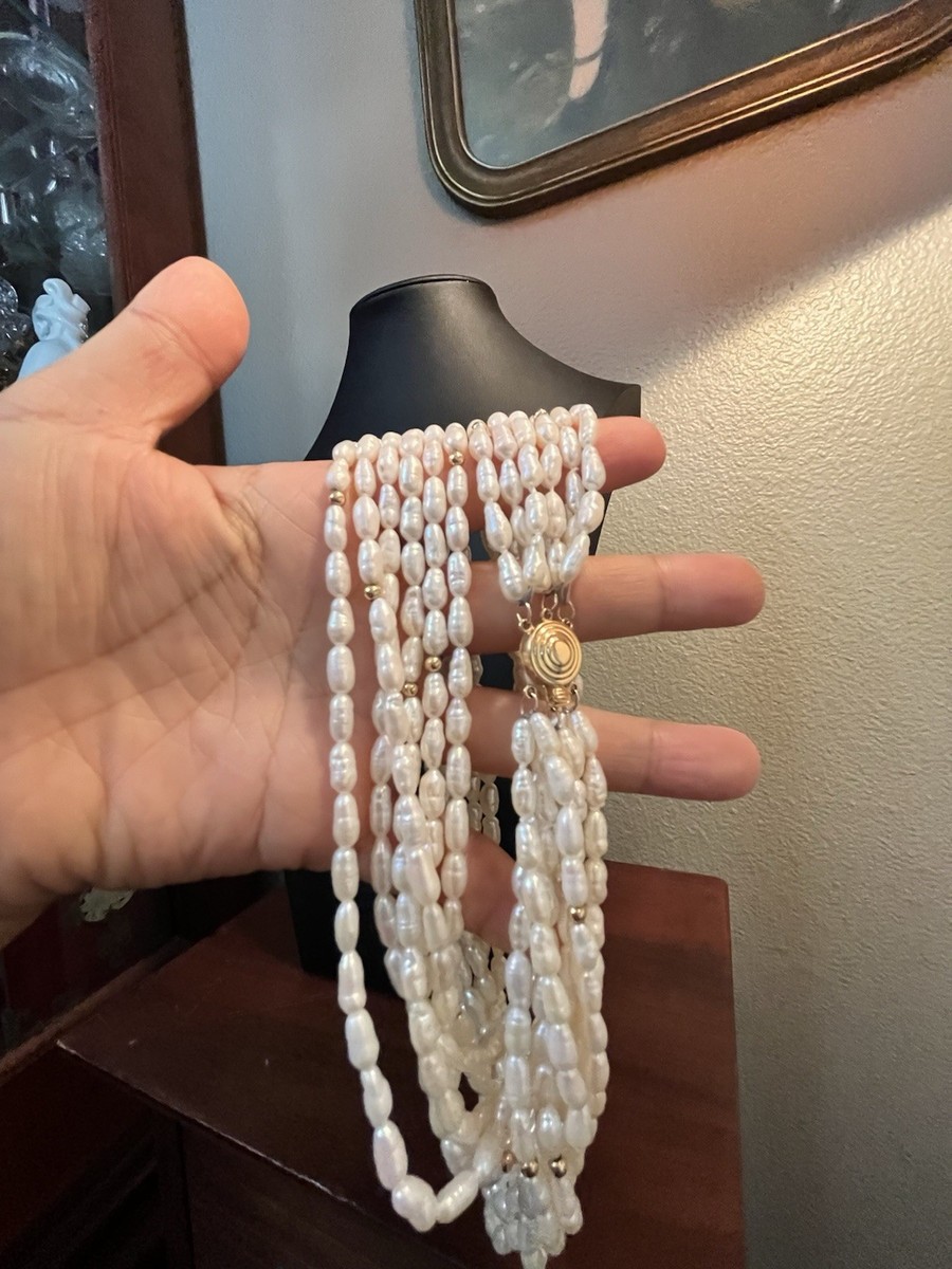 6 Strand Freshwater Rice Pearl Necklace  14K View 4