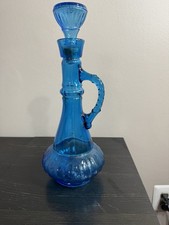 Vintage Blue Glass Liquor Decanter Bottle w Stopper Empoli Italian 13&rdquo;