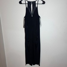 BCBGeneration Midi Dress Women Black Draped Pockets Keyhole Back Spaghetti Strap