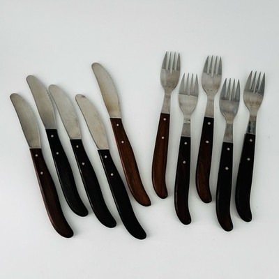 Vintage Felix Solingen Rostfrei Wood Handle Cutlery Set 5 Knives 5 Forks MCM