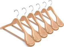 6 Pack Wide Shoulder Wooden Suit Coat Hangers W/ Non Slip Pants Bar Solid Wood