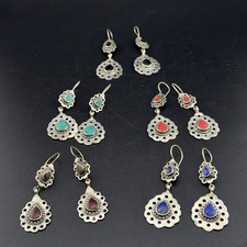 Five Afghani Set Of Lapis ,Turquoise, Agate And Coral Beautiful Vintage Earrings