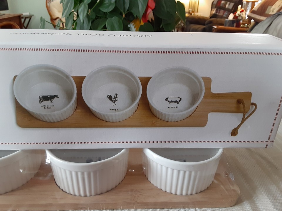 Grazing Grounds Ramekins Serving Set-Bamboo Board-3 Ceramic Bowls-Dips ...