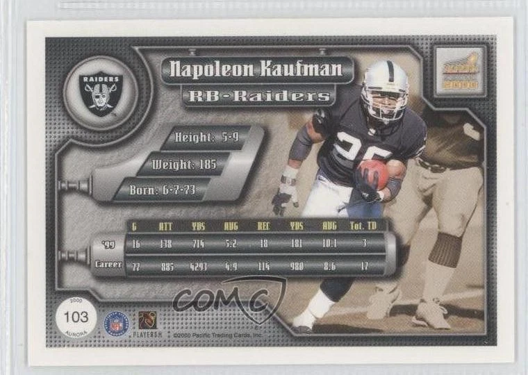 2000 Pacific Aurora Premiere Date Missing Serial Number Napoleon Kaufman #103 - Image 2 of 2