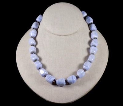 Vintage Grob Blau Spitze Achat Halskette 925 Sterling Silber 17'' Lang Handarbeit