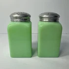 Vintage Jadeite Milk Glass Salt and Pepper Shakers Square Green Retro 5" Set VTG