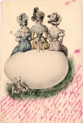 CPA AK Ostern - Damen sitzen auf einem riesigen Ei KÜNSTLER SIGNIERT (1387387)