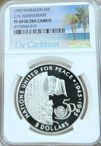 1995 BARBADOS SILVER 5 DOLLARS UNITED NATIONS ANNIVERSARY NGC PF 69 ULTRA CAMEO