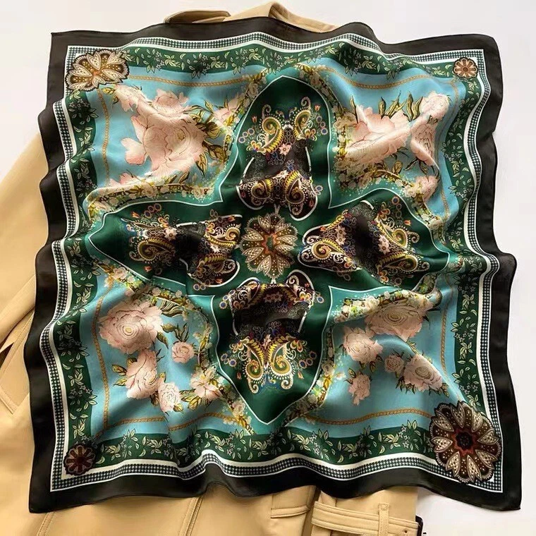 100% Mulberry Silk Women Neckerchief Bandana Green Pink Flowers 27" Square Scarf