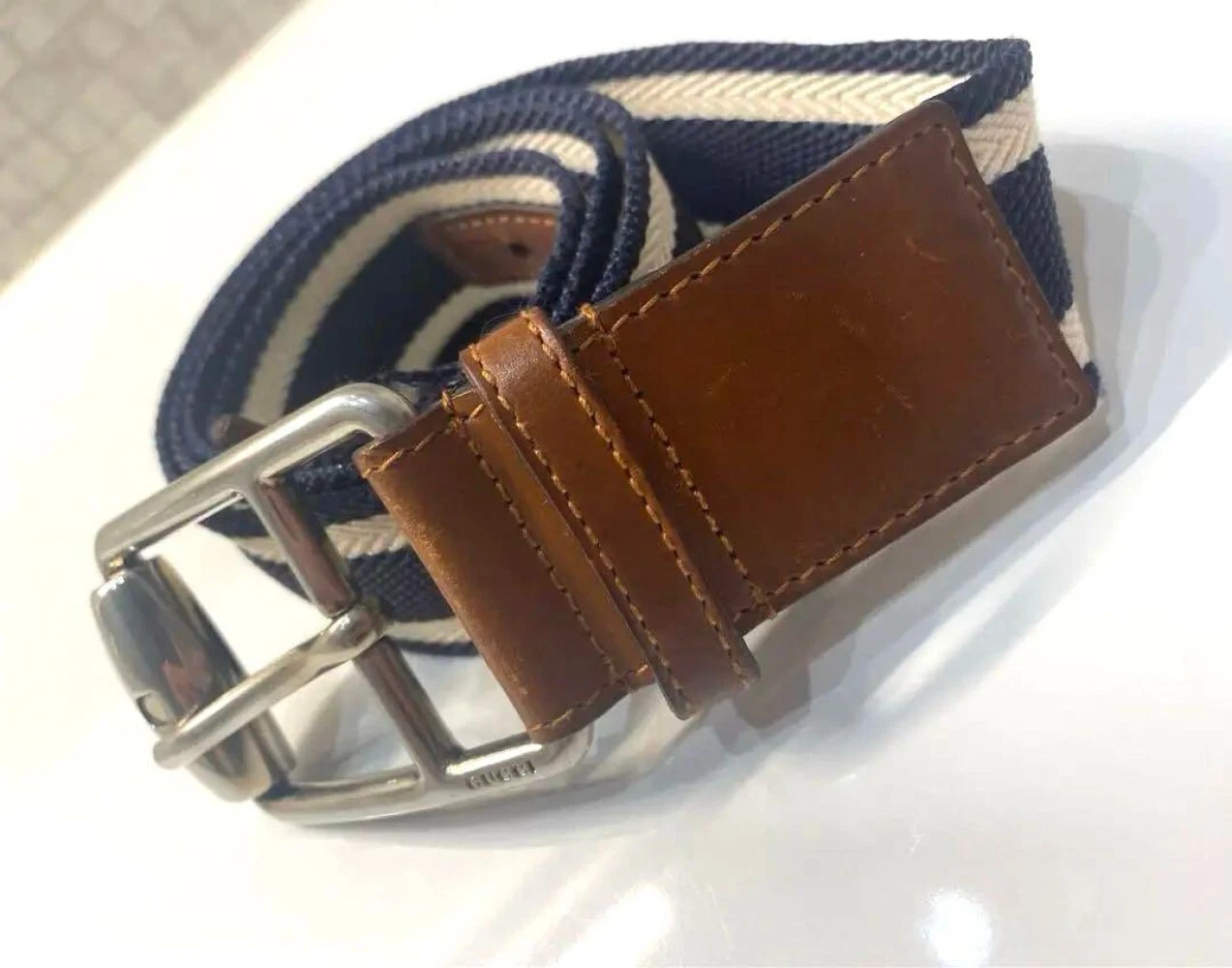 Ceinture GUCCI bicolore blanc ligne marine