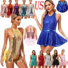 Women Shiny Sequins Bodysuit Back Bowknot Ballet Jazz Latin Dress Dancewear