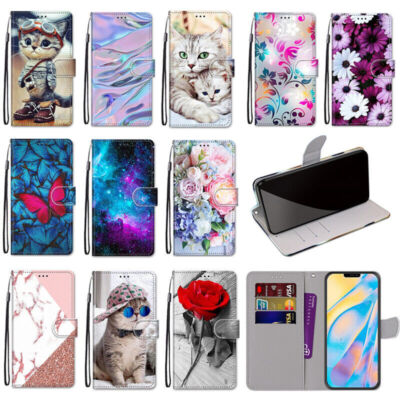 Marble Cat Flower Wallet Cover Case For Motorola G05 G10 G30 E13 G13 G32 G54 E20