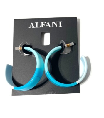 ALFANI C-HOOP MEDIUM COLOR-BLOCK BLUE TEAL ACETATE EARRINGS 1.38'' NWT