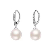 18K White Gold Freshwater Lever Back White Pearl 8mm Created Earrings Plated