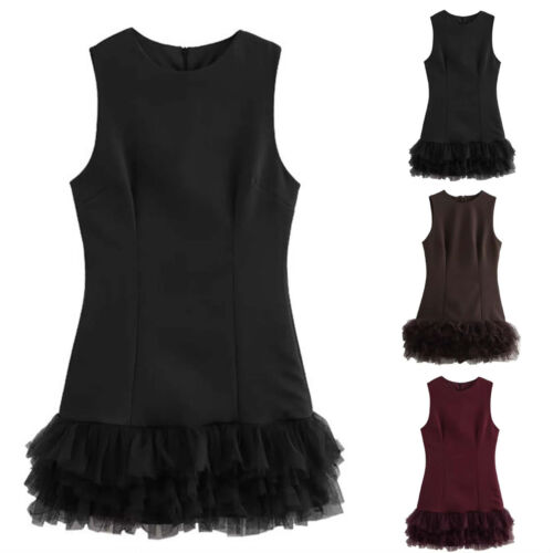 Women's Sleeveless Pleated Dress Pullover Round Neck Zipper Back Mini Dress