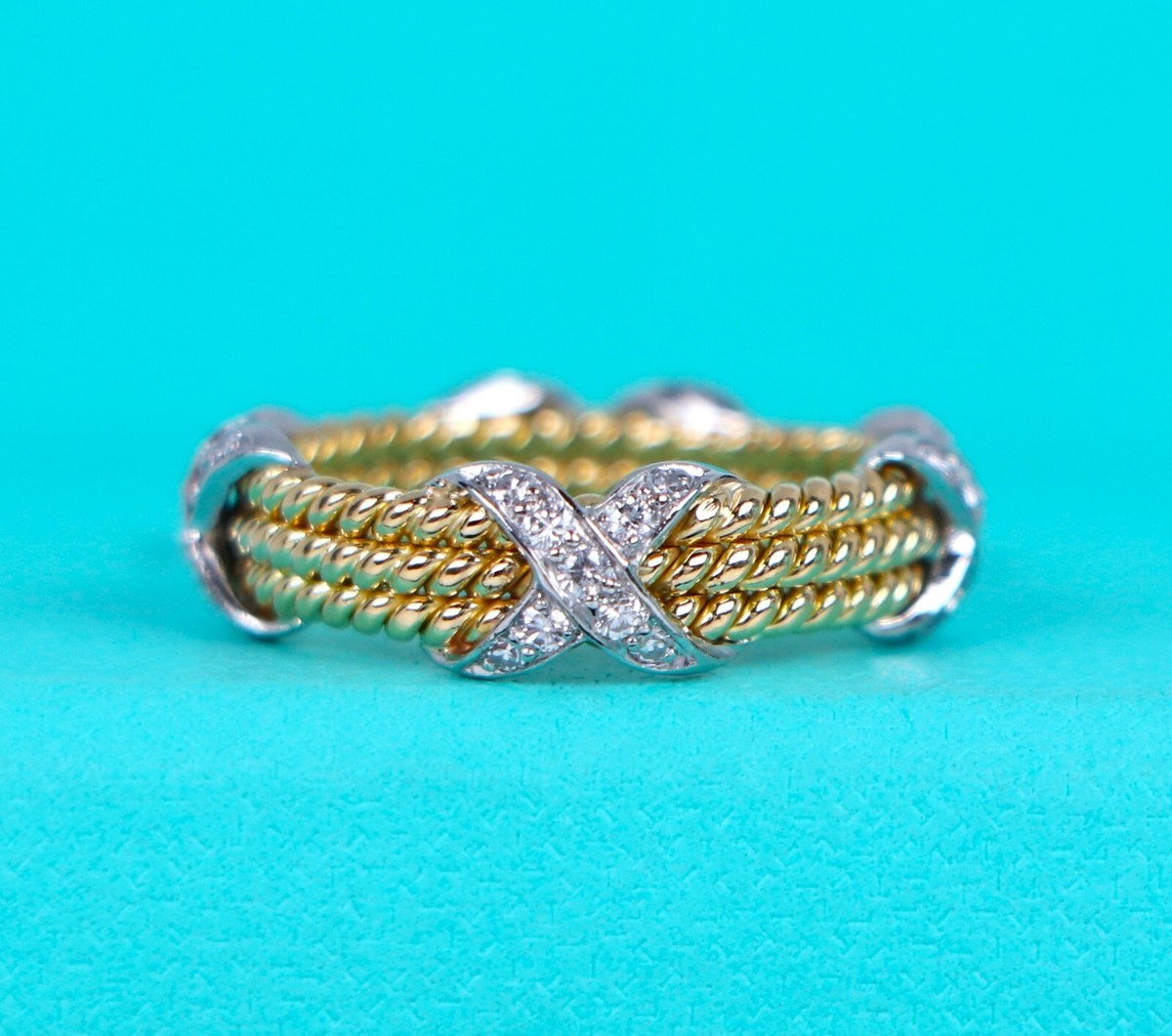 $9200 Tiffany Co Schlumberger 18K Gold Platinum Diamond 3 Row Rope