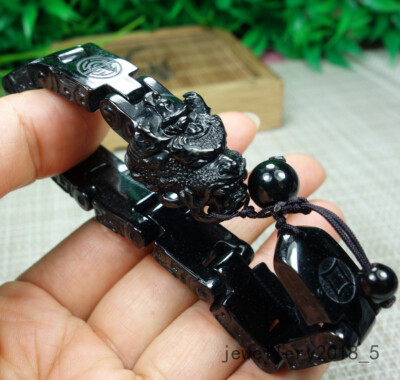Certified Black Green 100% Natural A Jadeite jade Dragon Bracelets 精工 霸气 墨翠龙头手链