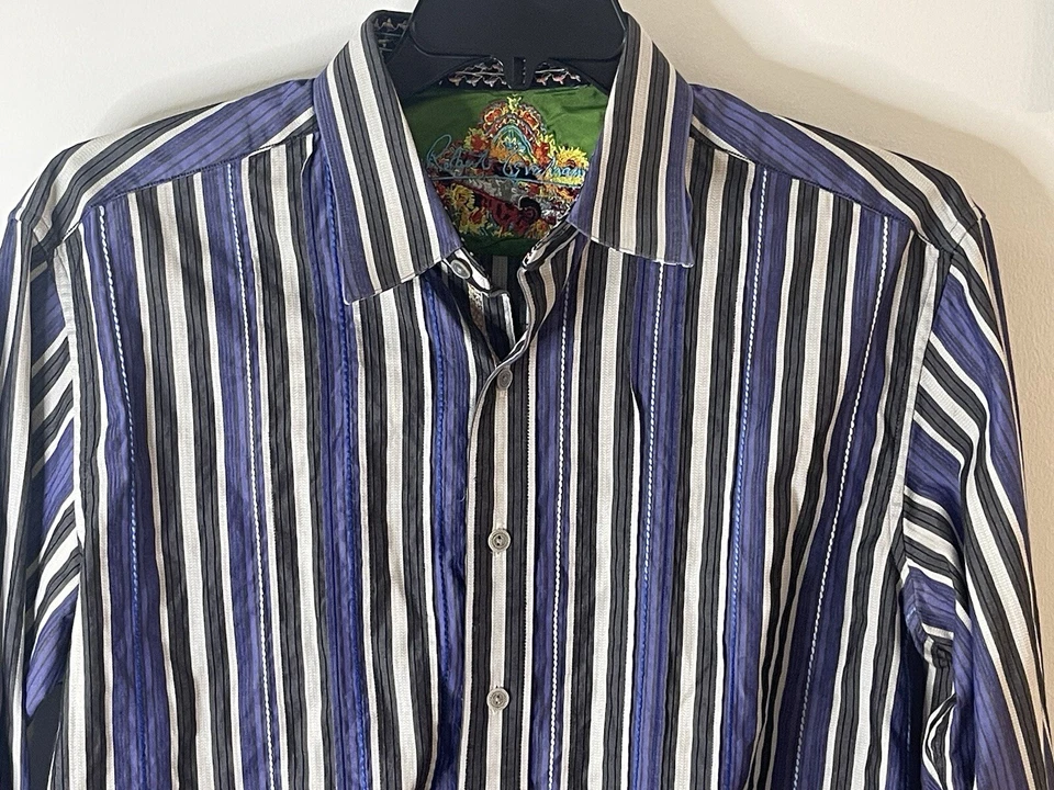 Camisa Robert Graham Hombre Grande Puño Abatible Calce Clásico Rayas Negro Azul Blanco Usada en Excelente Condición Foto 2 de 4