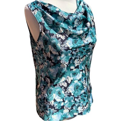 Ann Taylor Loft petite turquoise sleeveless cowl neck floral spandex blouse PS