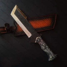 CUSTOM HANDMADE CARBON STEEL TANTO TRAKER KNIFE RESIN HANDLE WITH LEATHER SHEATH