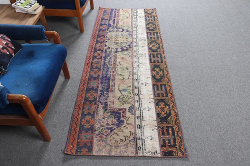 Turkish Vintage Runner Rug 2,8x7,2 ft, Rug Blue Wool Rug